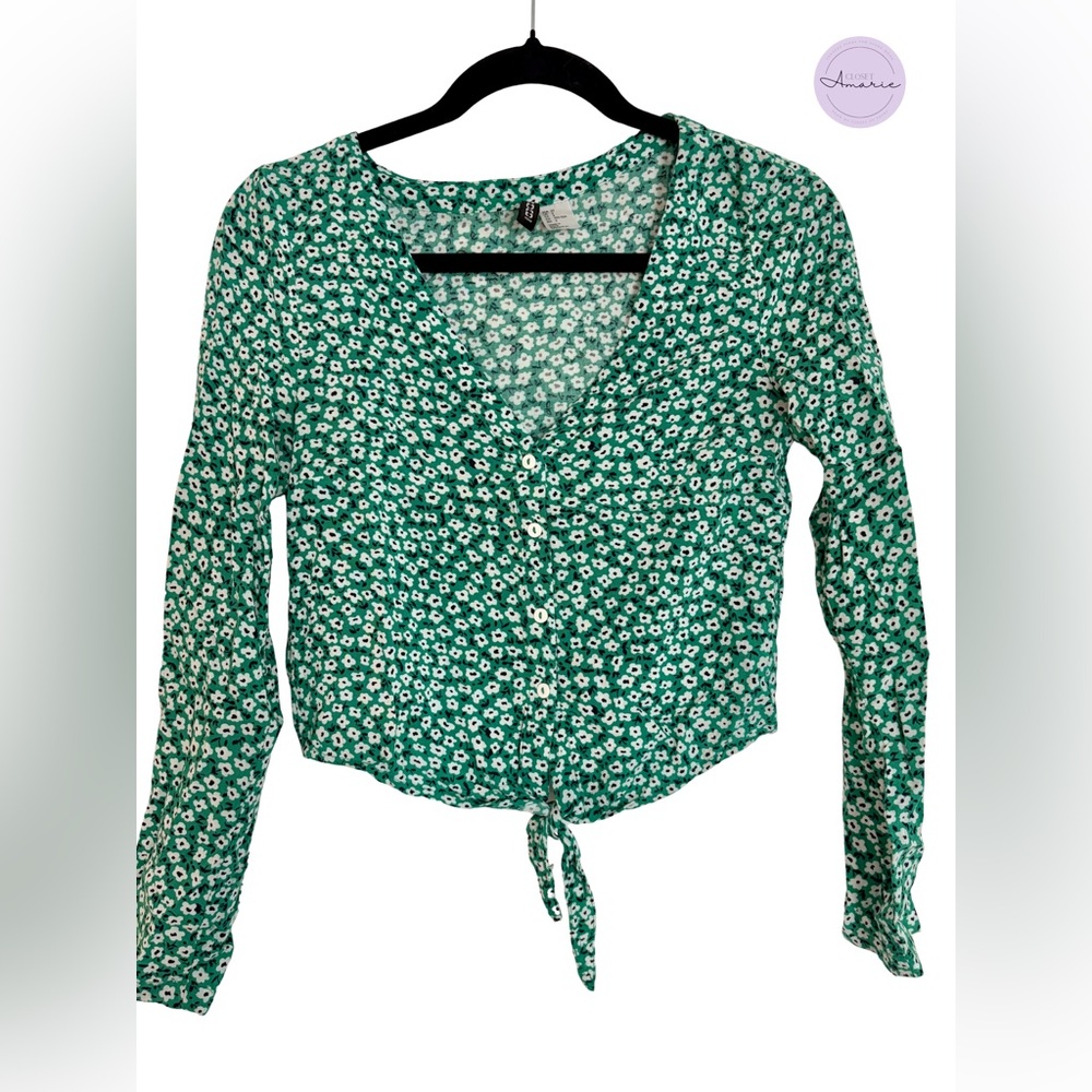 H&M Green Tie-Front Floral Long Sleeve Top | Size 2